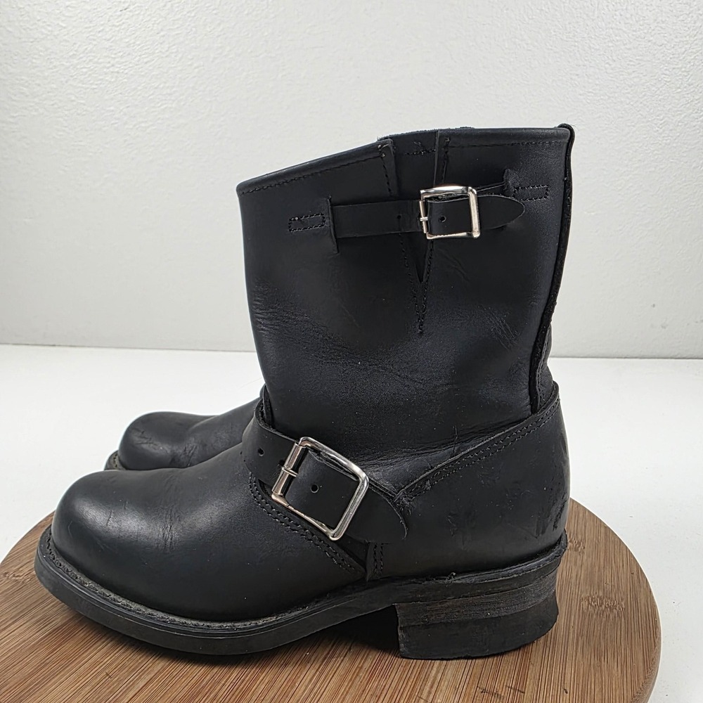 Frye Boots Womens Size 6.5 B Black Leather Mid Calf Biker Engineer Buckle USA